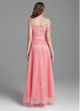 Embroidery Tulle Off-the-shoulder Pink A-line Prom Dress