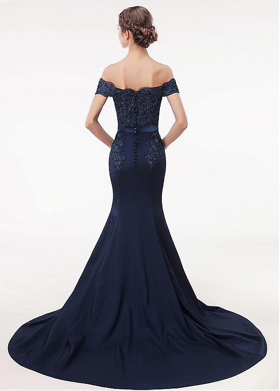 Stretch Satin Off-the-shoulder Navy Mermaid Beading Evening Dress ...