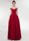 Burgundy Satin Off-the-shoulder Neckline A-line Prom Dress With Beadings