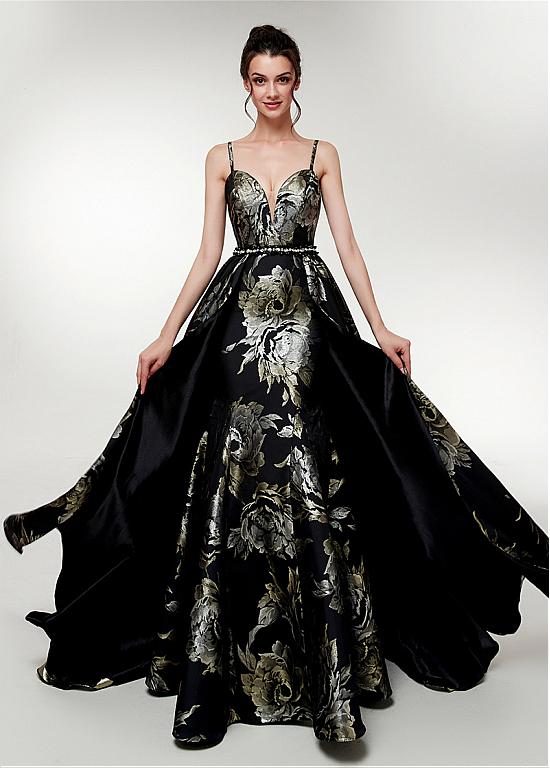 Spaghetti Straps Long Print Black A-line Prom Dress – Sassymyprom