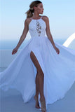 Halter Side-Slit White Appliques A-Line Prom Dresses