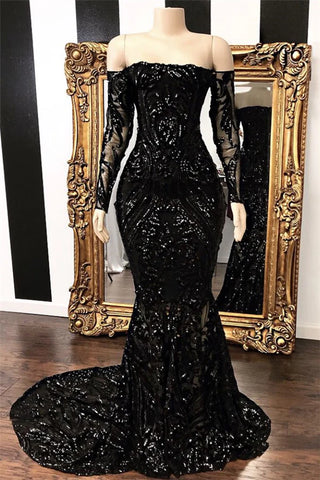 Black Sequin Long Sleeve Mermaid Prom Dress