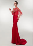 Spandex Jewel Red Half Sleeves Mermaid Evening Dress