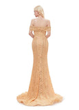 Lace Spaghetti Straps Gold Long Mermaid Evening Dress