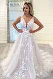 Deep V Neck Romantic Lace Applique Wedding Dress