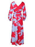 Long Sleeve Print V Neck Summer Beach Dress