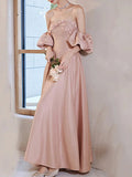 Blush Pink Satin Appliques Prom Dress