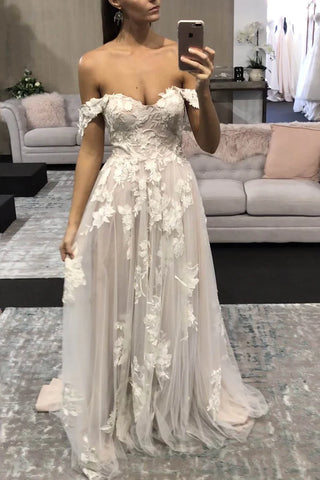 A Line Off Shoulder Lace Boho Wedding Dress