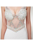 Slit Tulle V-neck White Long Mermaid Prom Dress