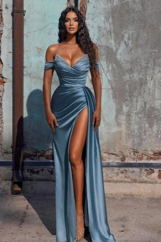 Blue Beading Ruched Satin Prom Dress With Slit
