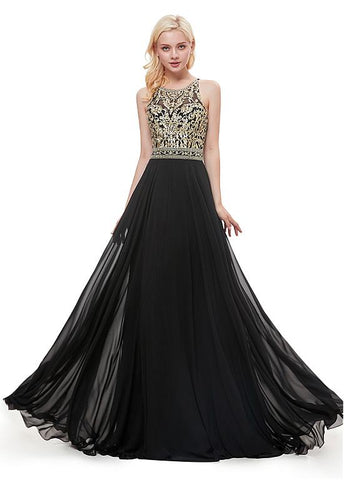  Chiffon Jewel Embroidery Black Prom Dress