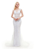 White Tulle Jewel Long Sequins Mermaid Evening Dress