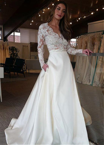 Satin V-neck Long Sleeve A-line Wedding Dress With Lace