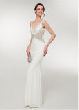 Stretch Satin V-neck White Long Mermaid Prom Dress