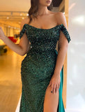 Green Off The Shoulder Beading Prom Dress