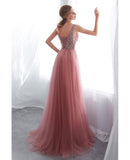 Pink Slit A Line V Neck Tulle Prom Dress With Beading Top