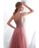 Pink Slit A Line V Neck Tulle Prom Dress With Beading Top