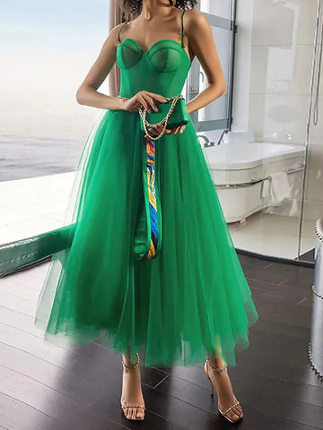 Green Silp Tulle Spaghetti Strap A Line Party Dress