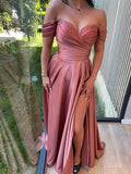 Pink Pleats Off The Shoulder Prom Dress With Slit
