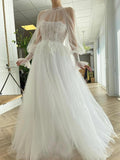 White Long Sleeve Tulle High Neck Wedding Dress