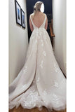 Deep V Neck Romantic Lace Applique Wedding Dress