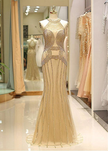 Gold Tulle Jewel Beading Chains Mermaid Prom Evening Dress