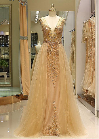  Tulle V-neck Gold Evening Dress With Beadings