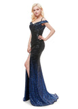 Sequin Spaghetti Straps Long Blue Mermaid Evening Dress 