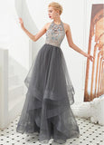 Shining Beading Ball Gown Tulle Jewel  Handmade Flower Evening Dress