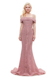Lace Spaghetti Straps Pink Long Mermaid Evening Dress