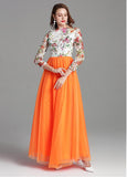 Tulle Lace Bateau Orange Long Sleeve A-line Prom Dress