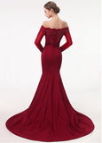 Satin Off-the-shoulder Beading Red Mermaid Evening Dress With Belt 