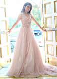 Tulle V-neck Pink Flower A-line Prom Dress With Appliques