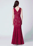 Lace V-neck Red Long Mermaid Evening Dress