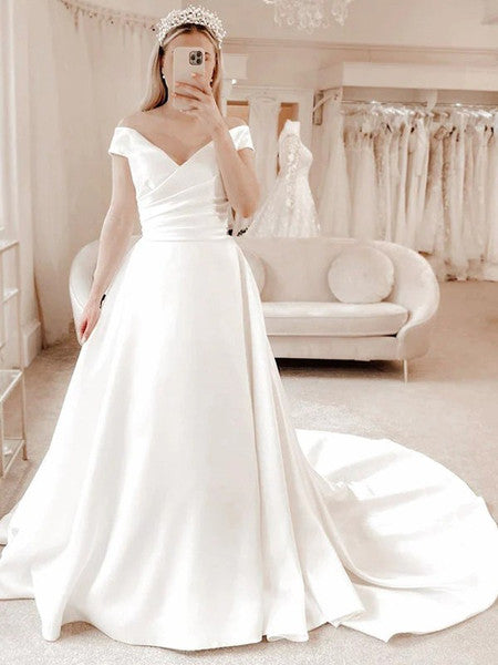 princess satin wedding dress Satin Princess A-Line Wedding Dress Boat Neckline, Illusion Deep-V Pearl Bodice Cathedral Train 8