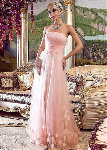 Tulle Strapless Pink A-line Prom Dress With Handmade Flowers