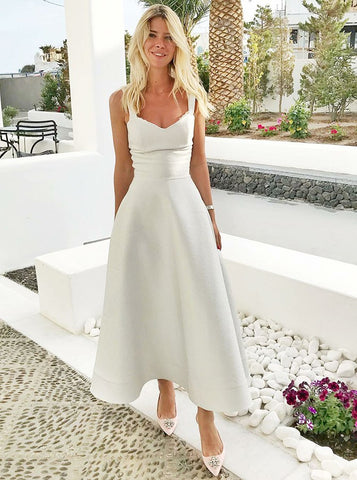 A-Line Straps Ankle Length White Satin Homecoming Dress