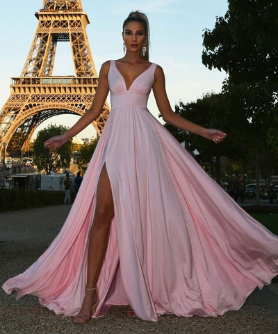 Pink V Neck Pleats Spandex A Line Prom Dress With Slit