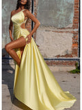 One Shoulder Beading Yellow Prom Dress With Slit