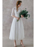 Vintage Lace Tea Length Collar Half Sleeves Wedding Dress