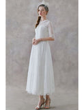 Vintage Lace Tea Length Collar Half Sleeves Wedding Dress