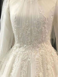 High Neck Long Sleeves Tulle Appliques Wedding Dress