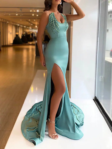 Mint Trumpet Mermaid Beading Prom Dress With Slit
