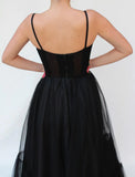 Tulle Black Flower Corset Prom Dress