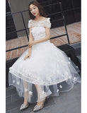 Tulle Tea Length Off The Shoulder Wedding Dress with Flowers