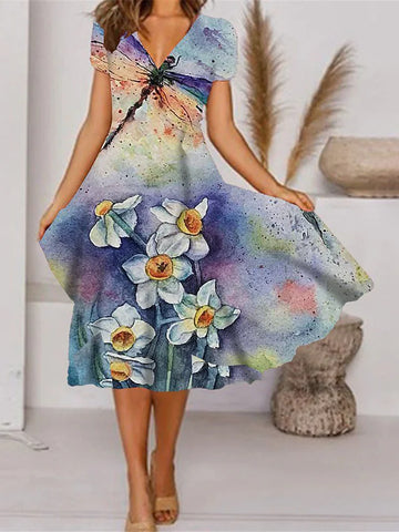 Swing Flower Short Sleeves Outdoor Print Dress