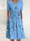 Blue Short Sleeve Floral Print Spring Summer Dress