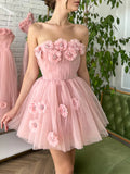 Pink Flower Tulle Short Mini Homecoming Dress