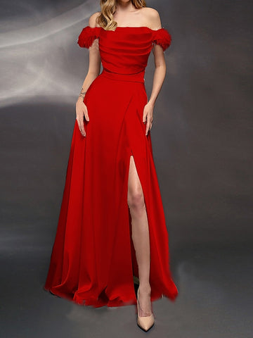 Off The Shoulder Feather Red Satin Party Dress With Slit
