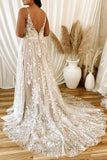 A-Line V Neck Lace Appliques Backless Wedding Dress